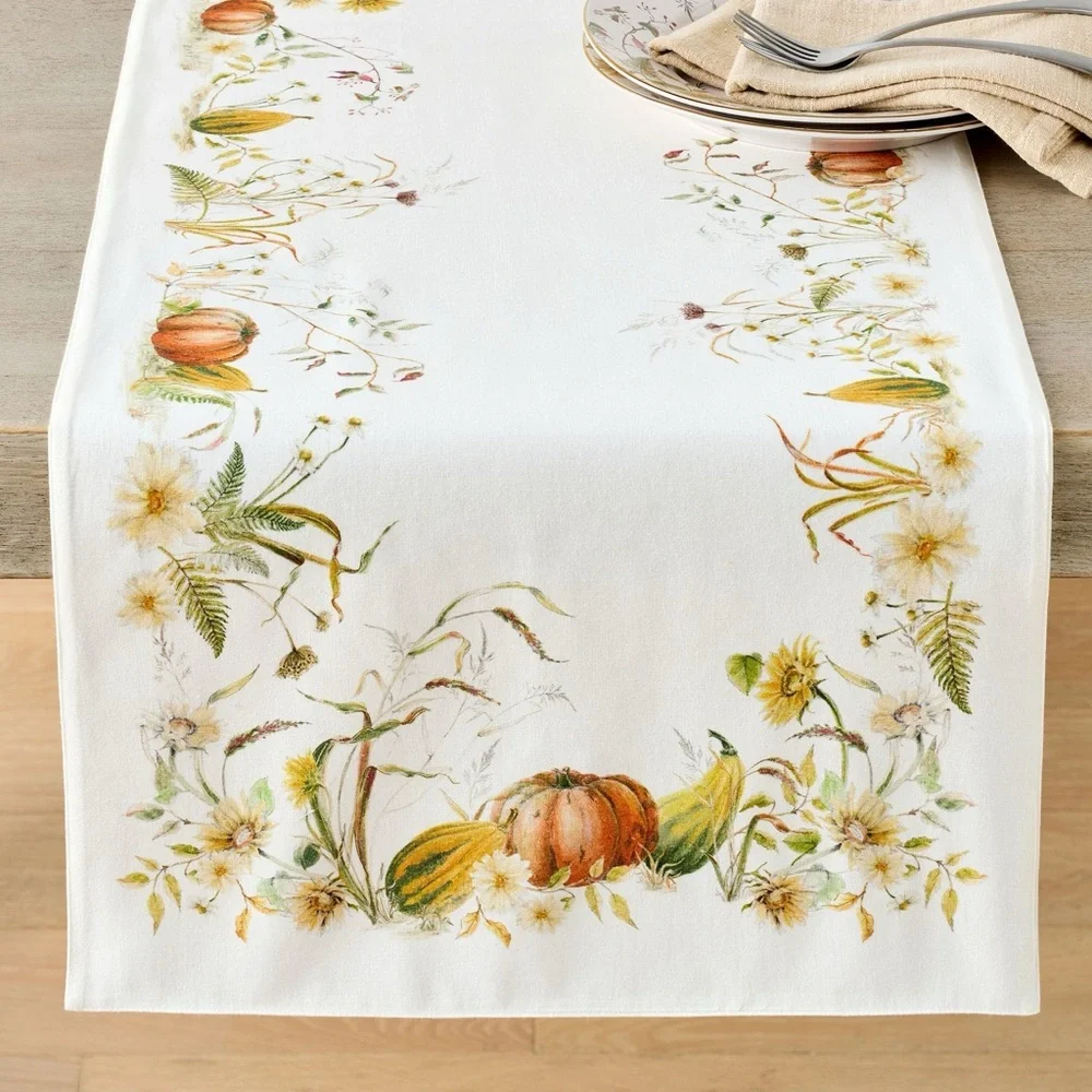 Pottery Barn Bedford Harvest Pumpkin Autumn Fall Linen Kitchen Table Runner NWT
